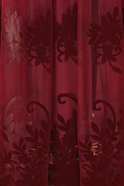 Hyade Burgundy Plus Size V-Neck Floral Maxi Dress | Boutique 1861 fabric