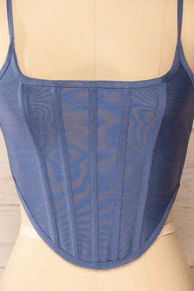Hyeres Blue Cropped Corset Top w/ Back Zipper | La petite garçonne front close-up
