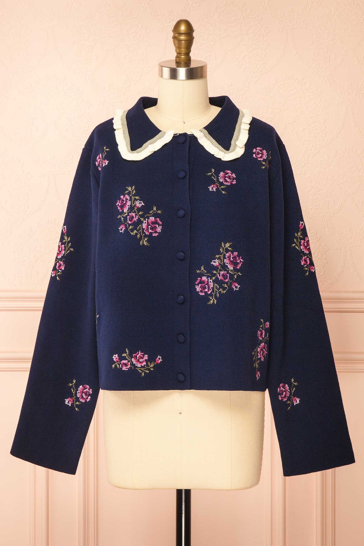 front view of Ichigo Navy Knit Cardigan with Embroidery Flowers at Boutique 1861