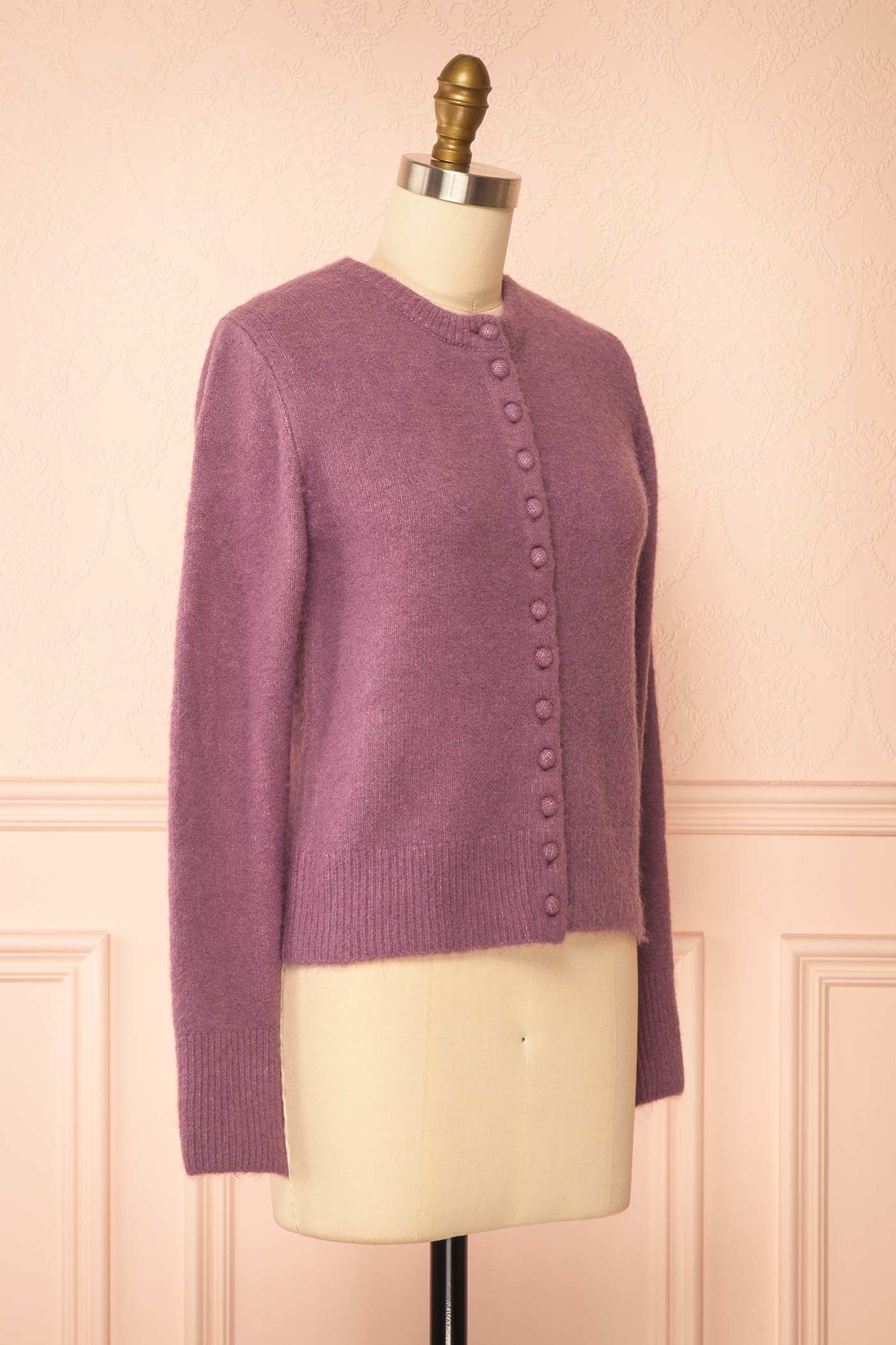 Idalia Violet | Cardigan Col Rond Boutonné au Devant