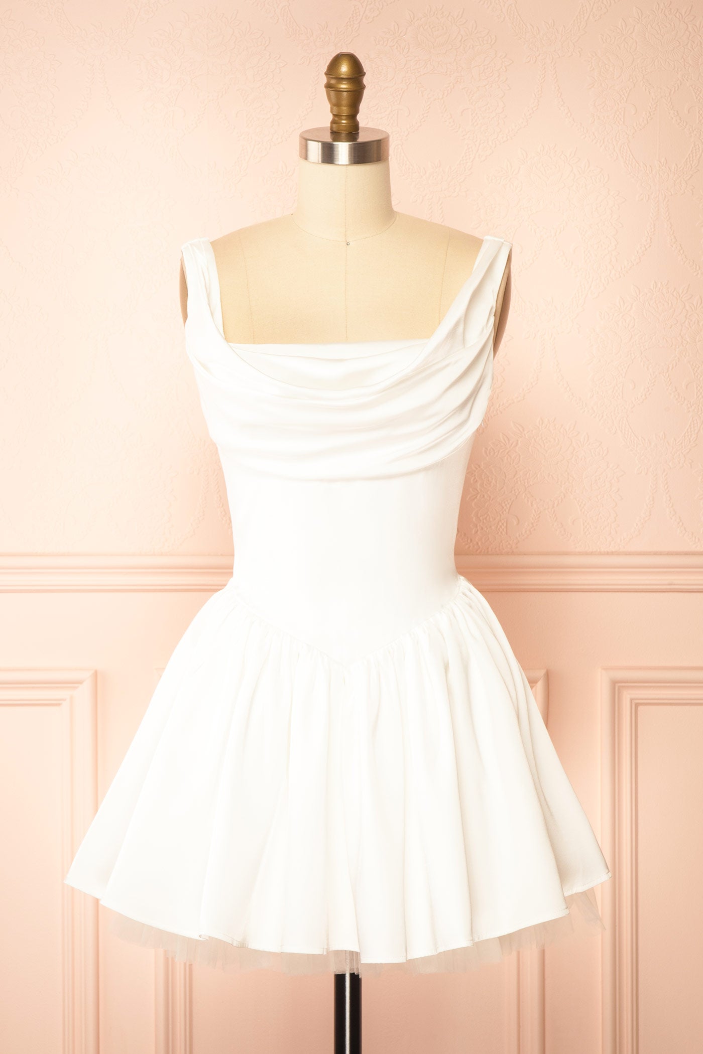 Idolia Ivory Satin Cowl Neck Mini Dress with Open Lace-Up Back | Boudoir 1861 front