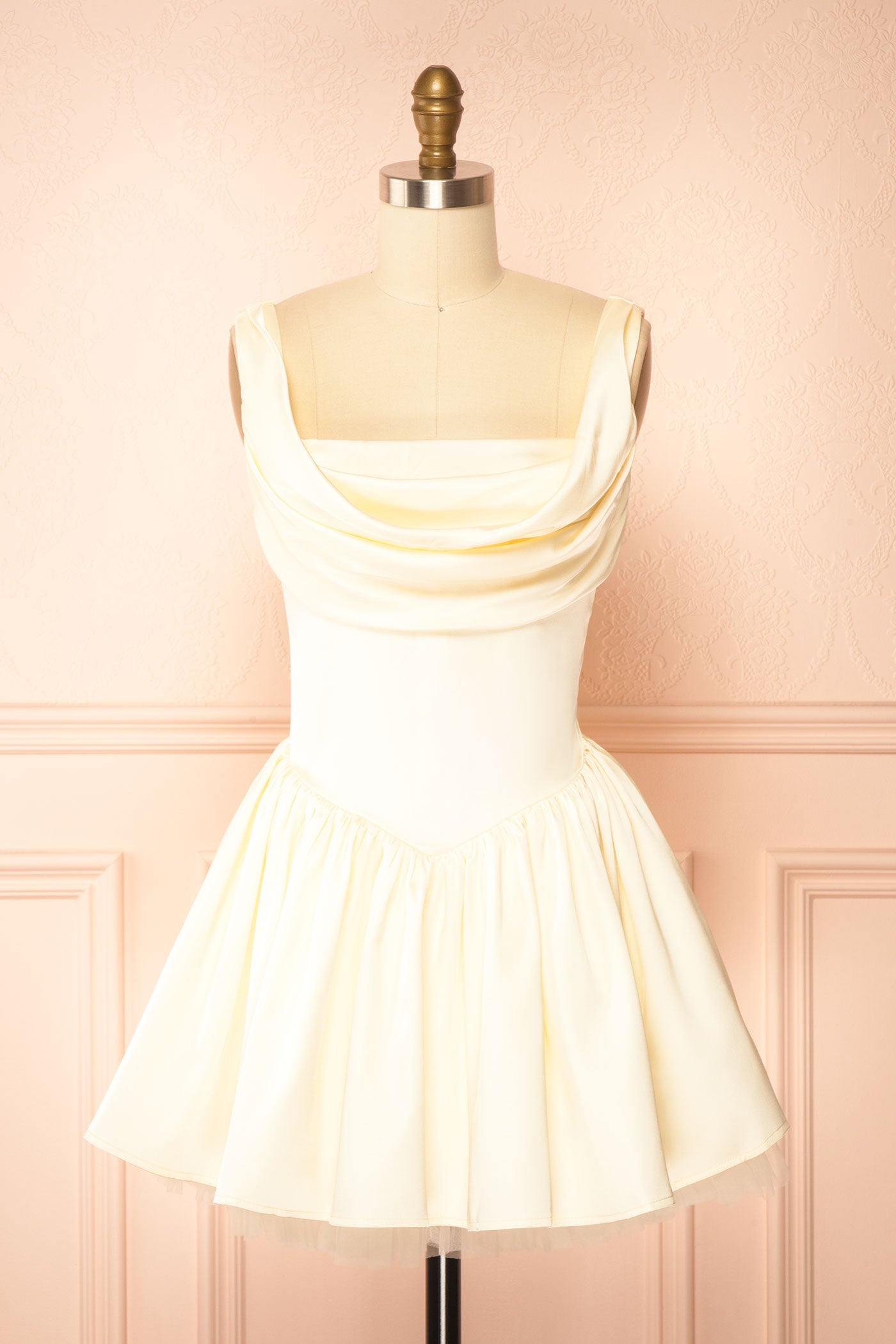 Idolia Light Yellow Satin Cowl Neck Mini Dress with Open Lace-Up Back | Boutique 1861 front