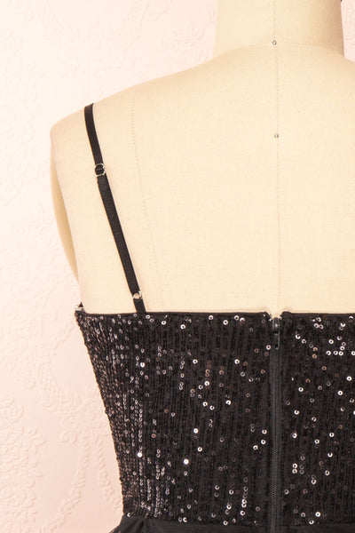 Iksa Black Short Dress w/ Sequins Top | Boutique 1861 back close-up