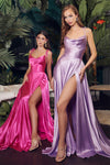 Moira Lavender and Fuchsia Cowl Neck Satin Maxi Dress w/ High Slit | Boutique 1861 on model