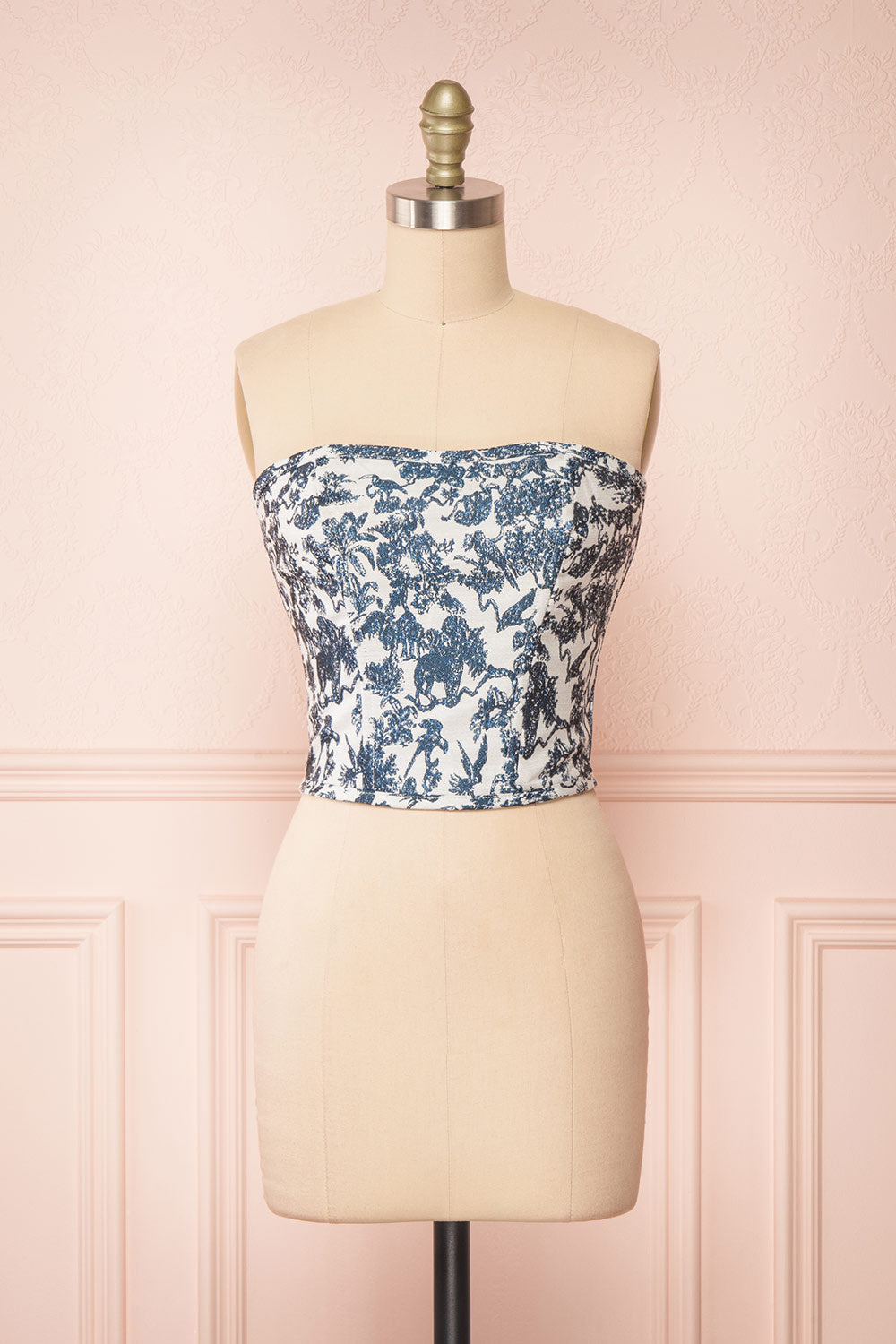 Inaira Navy Bustier Corset Top w/ Animal Print | Boutique 1861 front view