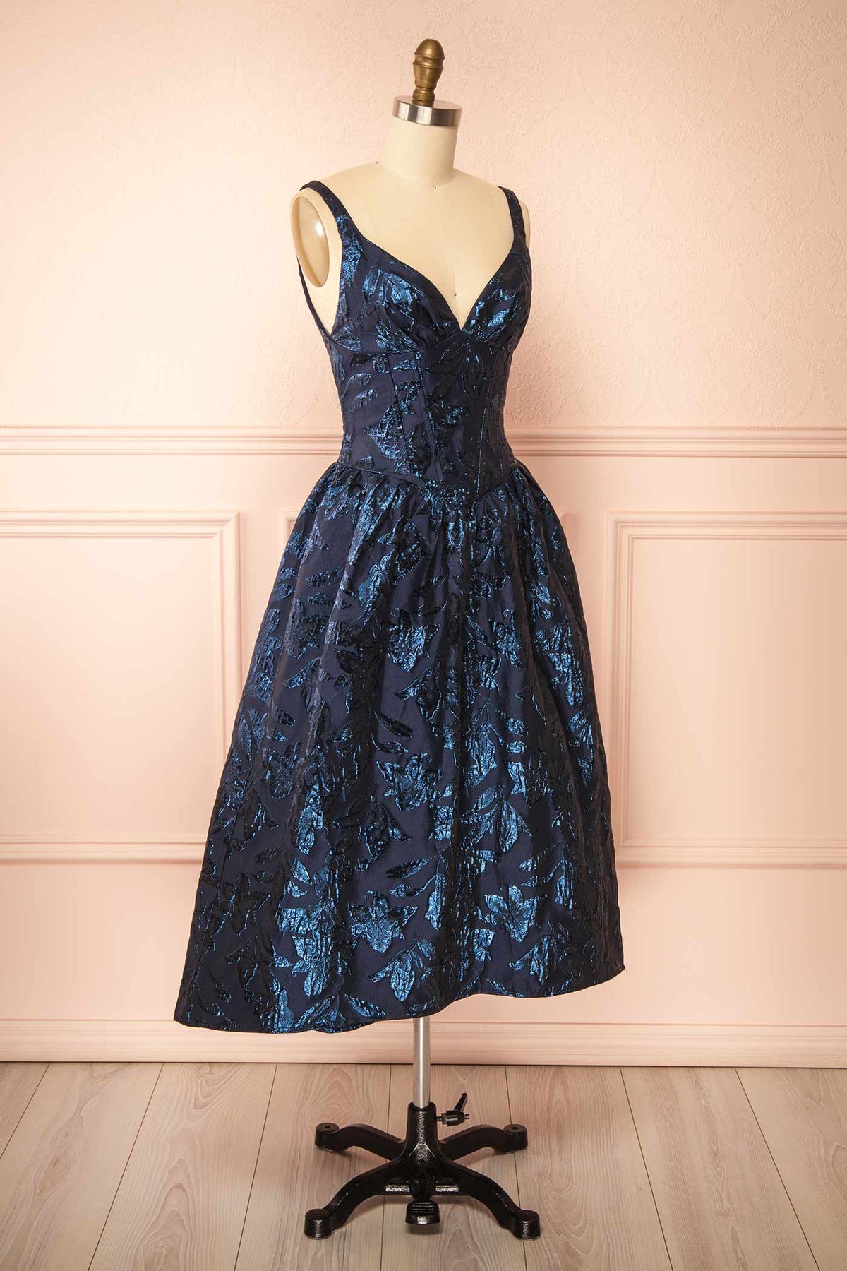 Side view of Inana Navy Jacquard Midi Corset Dress at Boutique 1861 