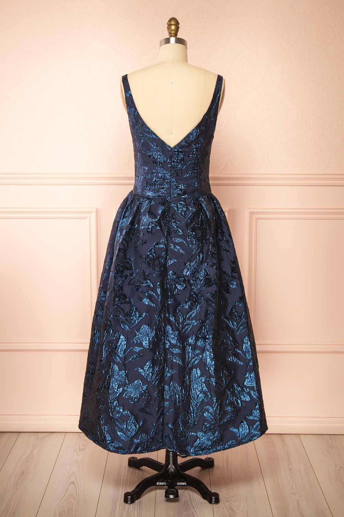 Back view of Inana Navy Jacquard Midi Corset Dress at Boutique 1861 