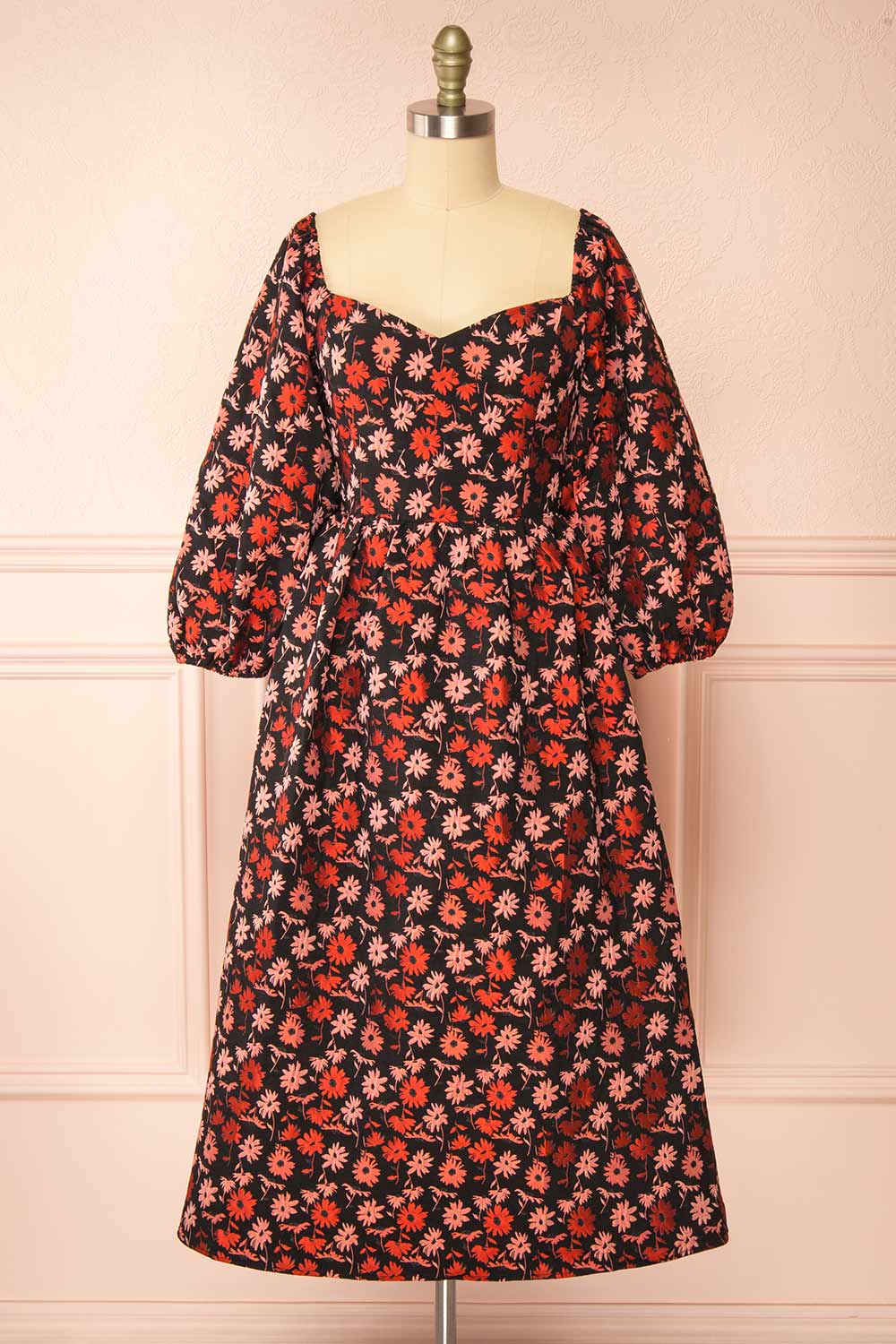 Inarea Midi Black Floral Dress w/ Puffy Sleeves | Boutique 1861 front view