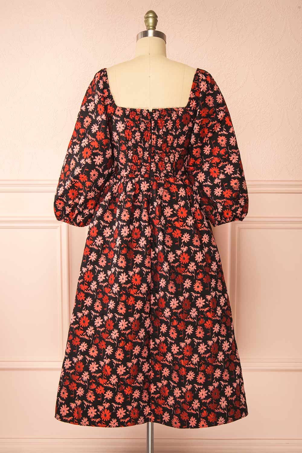 Inarea Midi Black Floral Dress w/ Puffy Sleeves | Boutique 1861 back view