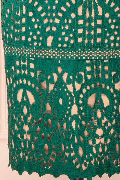 Indira Fitted Midi Green Crocheted Lace Dress | Boutique 1861 bottom close-up