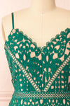 Indira Fitted Midi Green Crocheted Lace Dress | Boutique 1861 front close-up