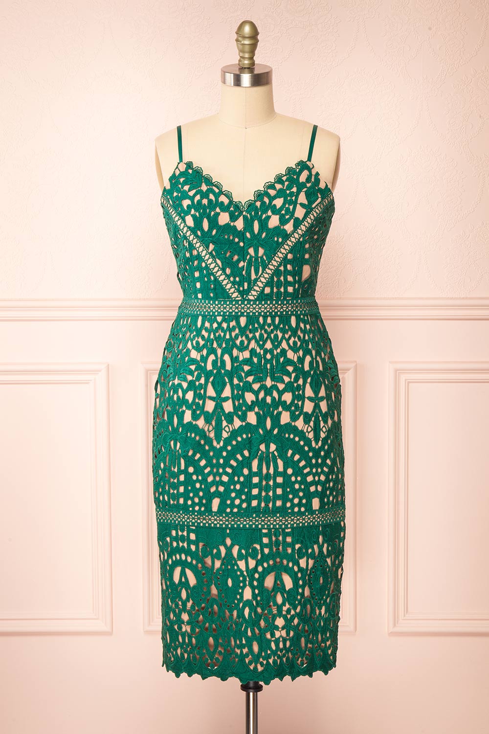 Indira Fitted Midi Green Crocheted Lace Dress