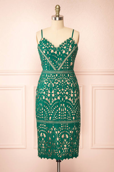 Indira | Fitted Midi Green Crocheted Lace Dress