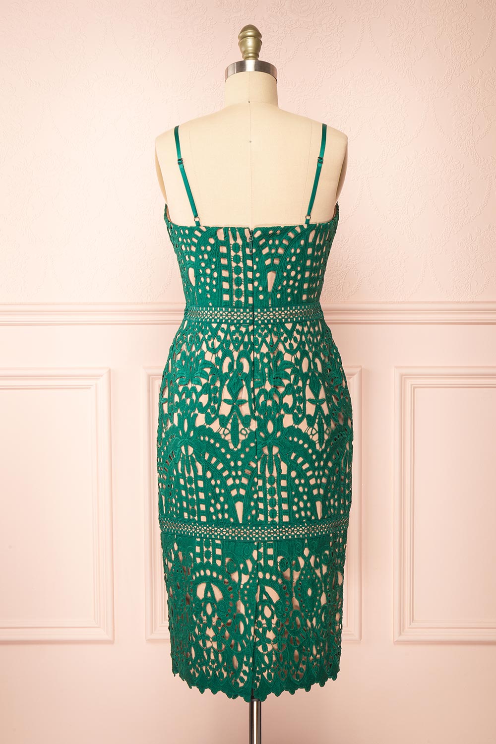 Indira Fitted Midi Green Crocheted Lace Dress | Boutique 1861 back view
