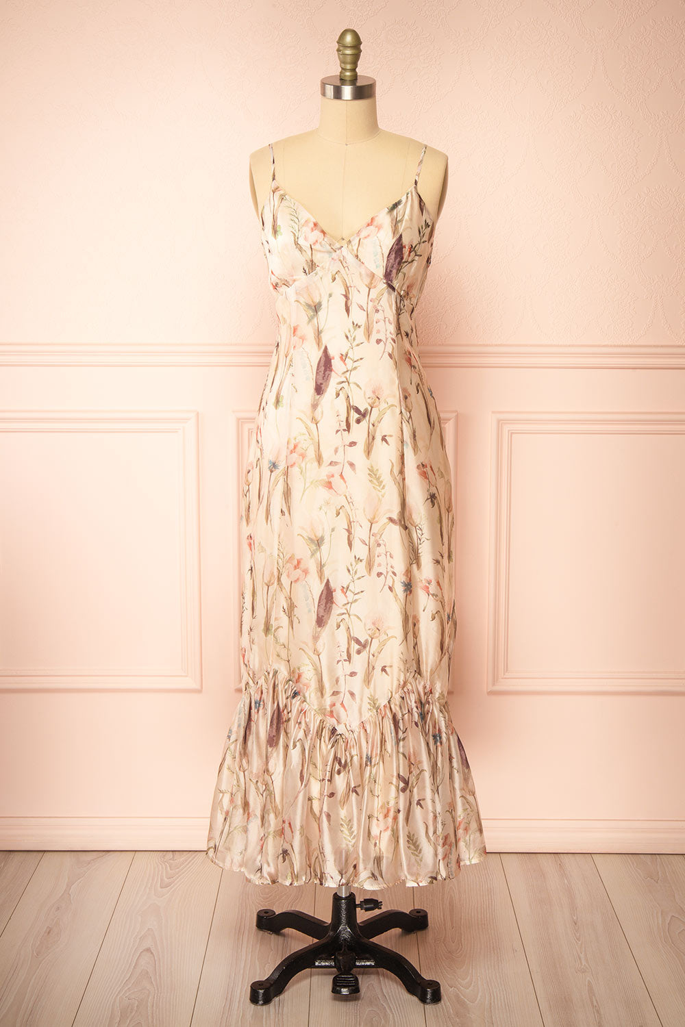 Ipiu Beige Floral Chiffon Midi Dress | Boutique 1861 front view