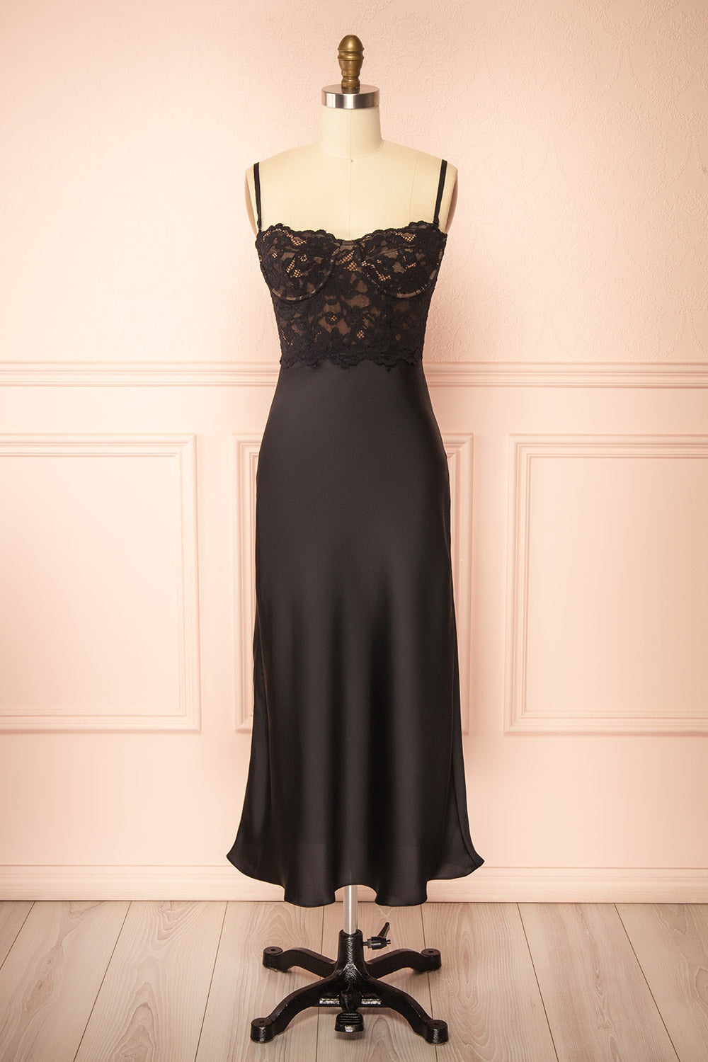 Irene Black Midi Dress with Lace Bodice | Boutique 1861 front view