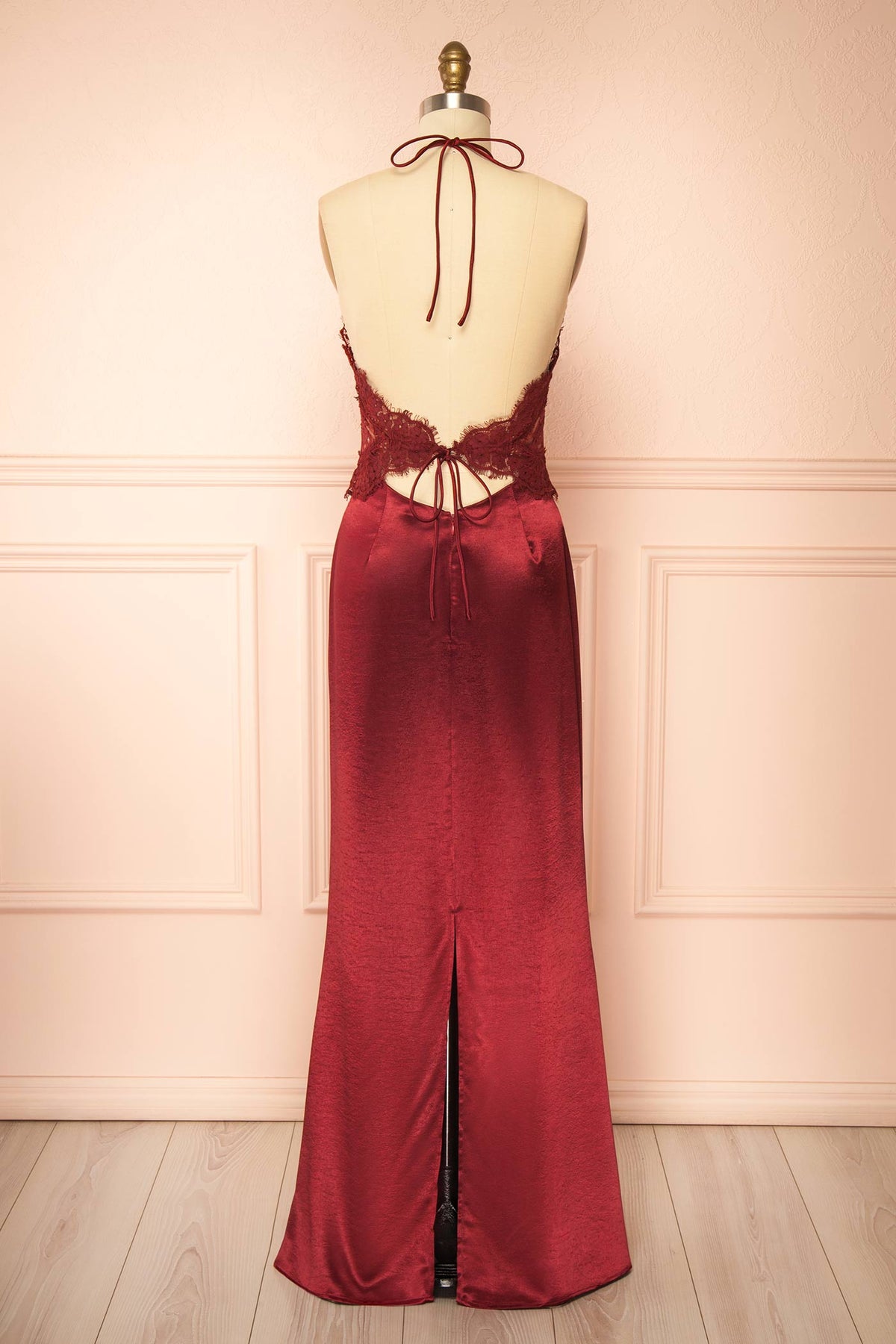 back view of Irimia Burgundy Maxi Satin Halter Dress with Open Back at Boutique 1861