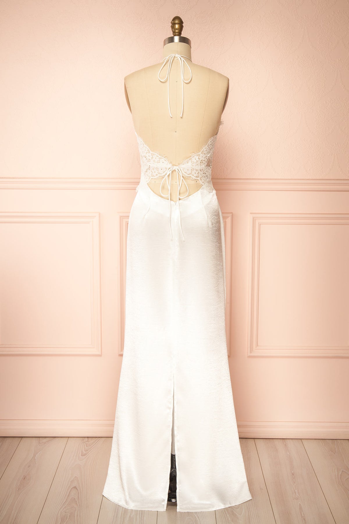 back view of Irimia White Maxi Satin Halter Dress with Open Back at Boudoir 1861