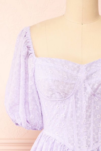 Irja Short Lavender Dress w/ Floral Embroidery | Boutique 1861 front close-up