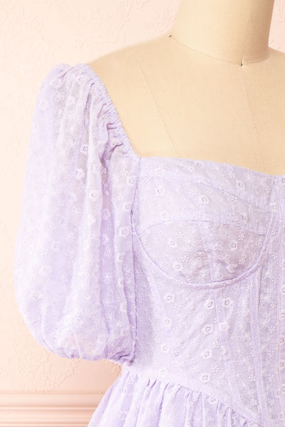Irja Short Lavender Dress w/ Floral Embroidery | Boutique 1861 side close-up