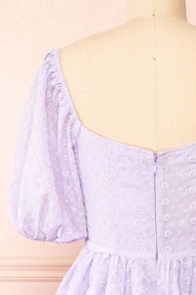 Irja Short Lavender Dress w/ Floral Embroidery | Boutique 1861 back close-up