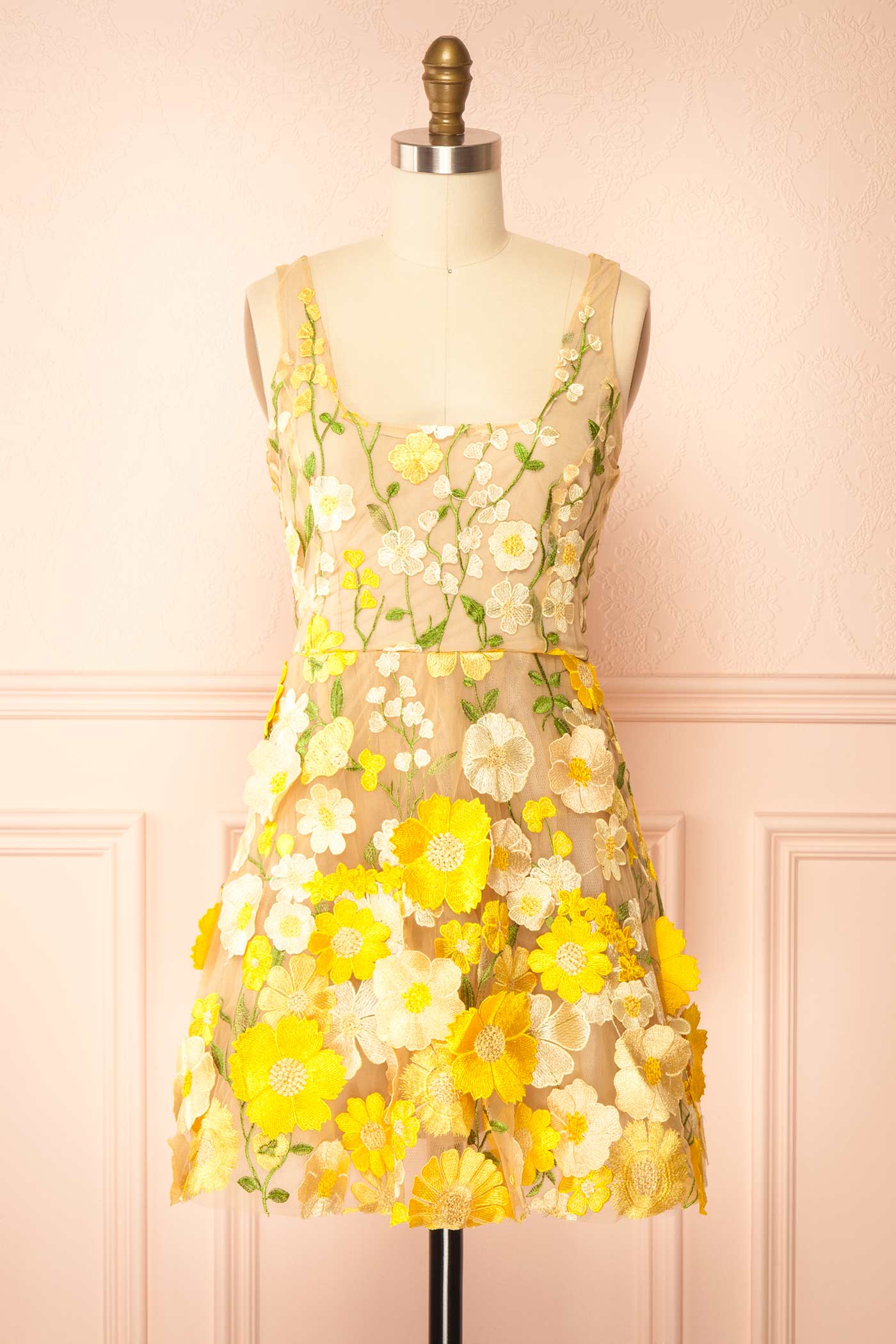Irmine Yellow 3D Floral Appliqué Mesh Mini Dress | Boutique 1861 front 