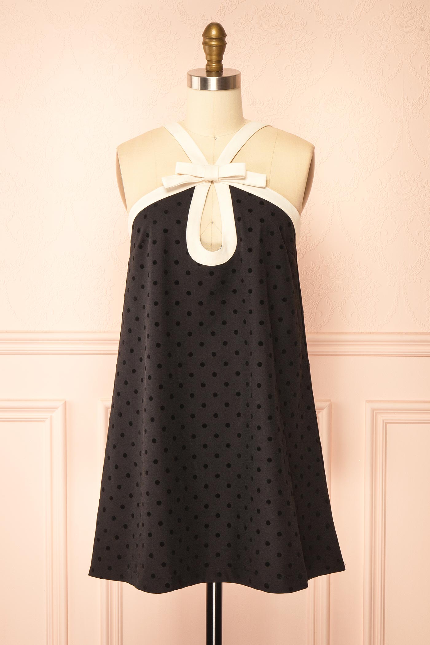 Isalda Black Polka Dot Mini Dress with White Contrast Bow Detail | Boutique 1861 front