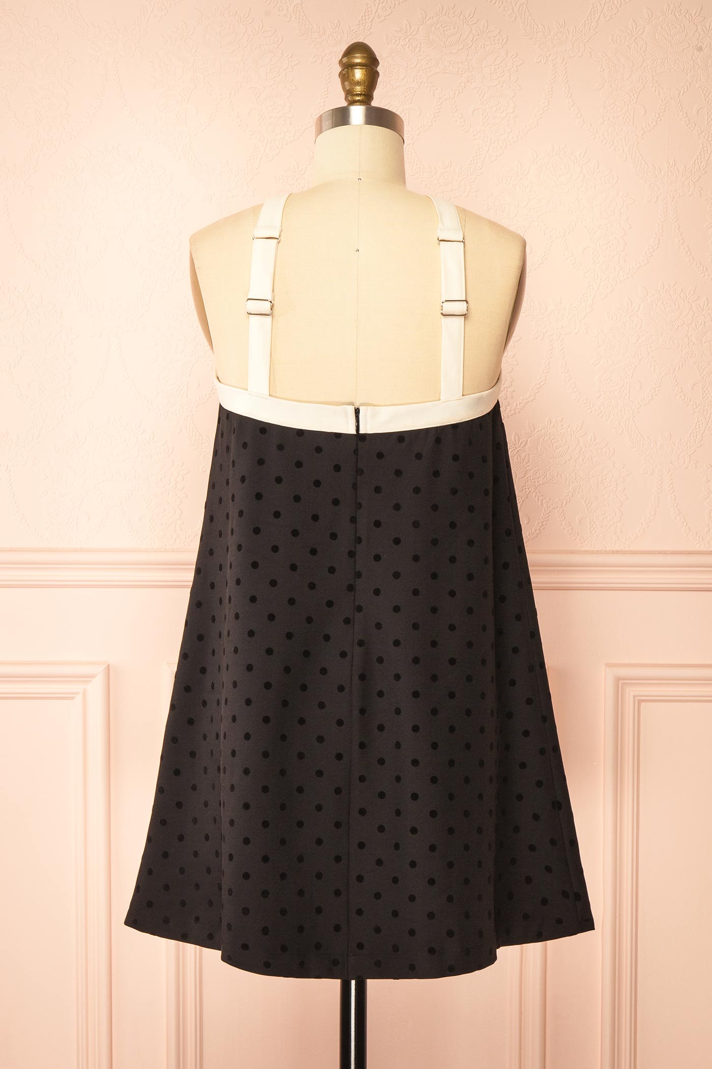 Isalda Black Polka Dot Mini Dress with White Contrast Bow Detail | Boutique 1861 back