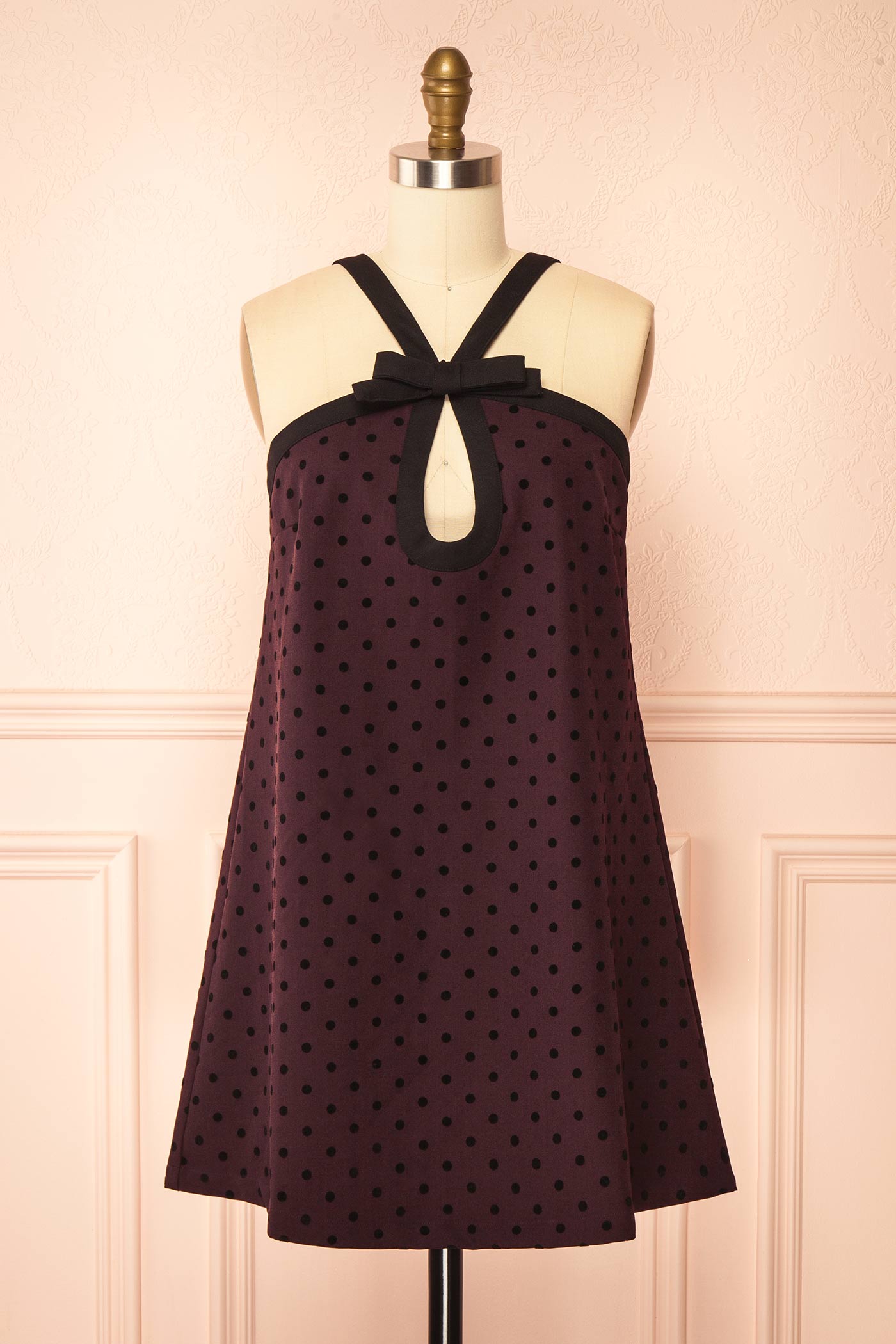 Isalda Purple Polka Dot Mini Dress with Bow | Boutique 1861 front