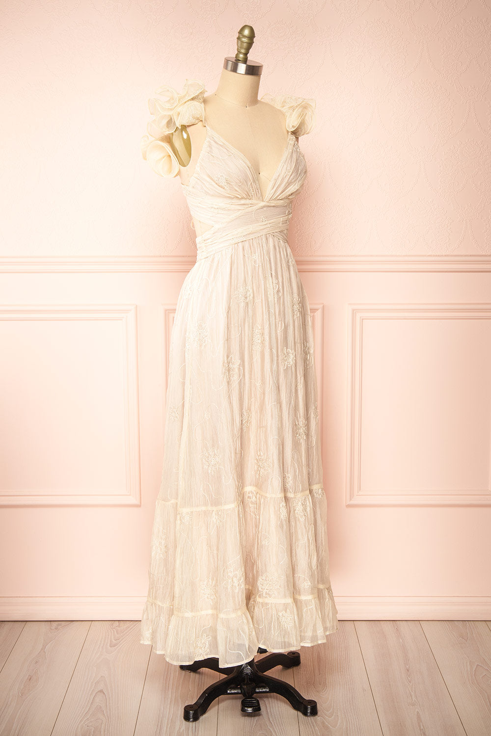 Isandra Long Embroidered Beige Dress w/ Ruffled Straps | Boutique 1861 side view