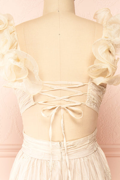 Isandra Long Embroidered Beige Dress w/ Ruffled Straps | Boutique 1861 back close-up