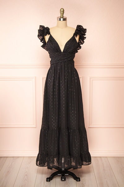 Isandrine Long Black Dress w/ Dots & Ruffles | Boutique 1861 front view