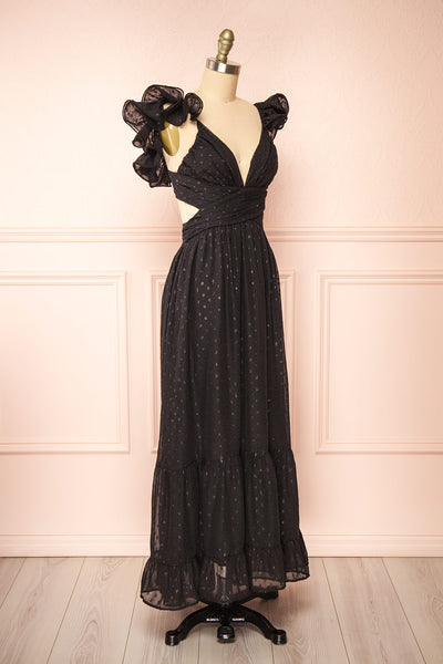 Isandrine Long Black Dress w/ Dots & Ruffles | Boutique 1861 side view