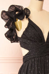 Isandrine Long Black Dress w/ Dots & Ruffles | Boutique 1861  side close-up