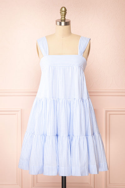 Islah Blue Striped Short Dress w/ Large Straps | Boutique 1861 front view