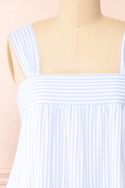 Islah Blue Striped Short Dress w/ Large Straps | Boutique 1861 front close-up
