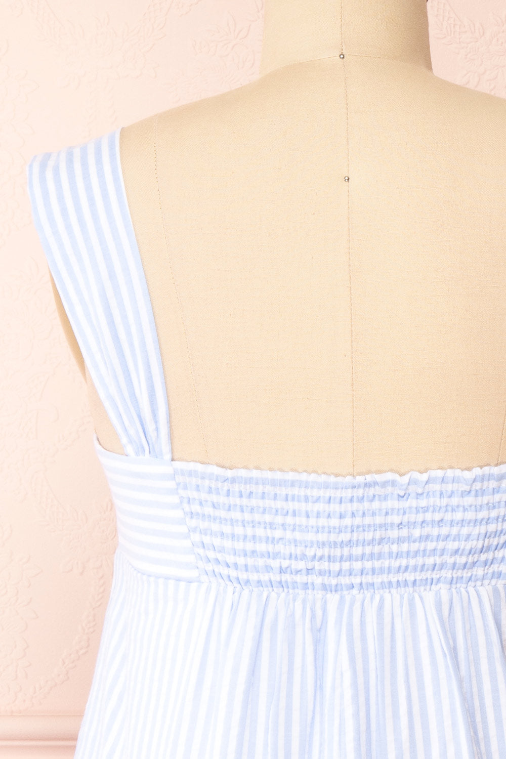 Islah Blue Striped Short Dress w/ Large Straps | Boutique 1861 back close-up