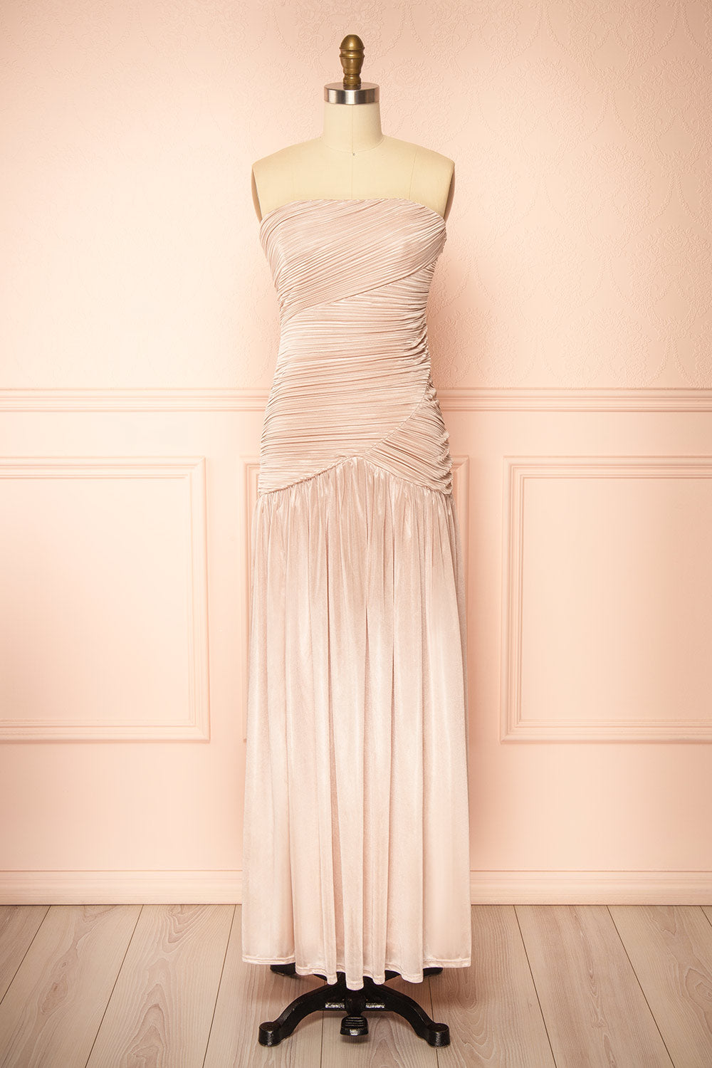 Islana Champagne Strapless Pleated Maxi Dress | Boutique 1861 front view