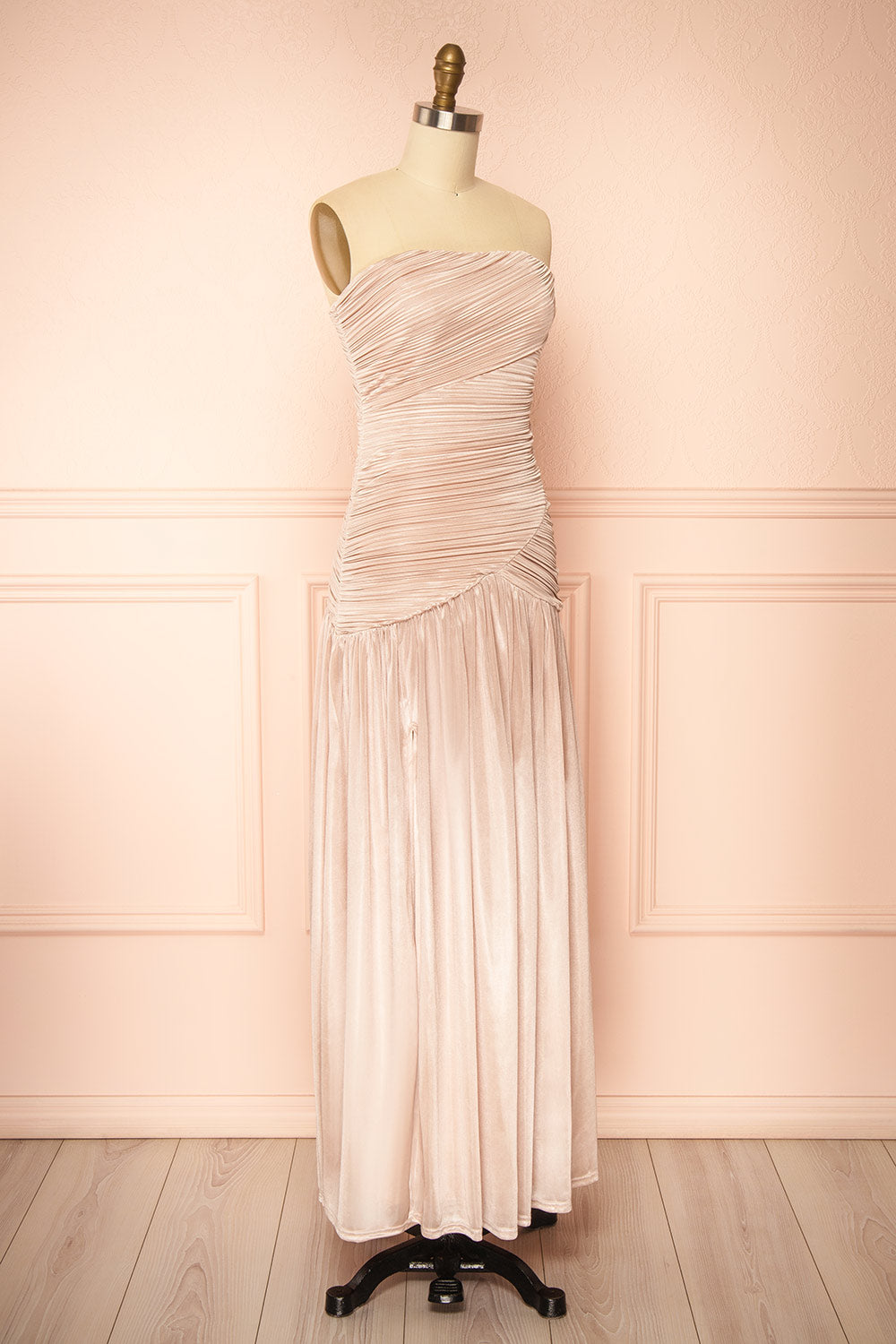 Islana Champagne Strapless Pleated Maxi Dress | Boutique 1861 side view