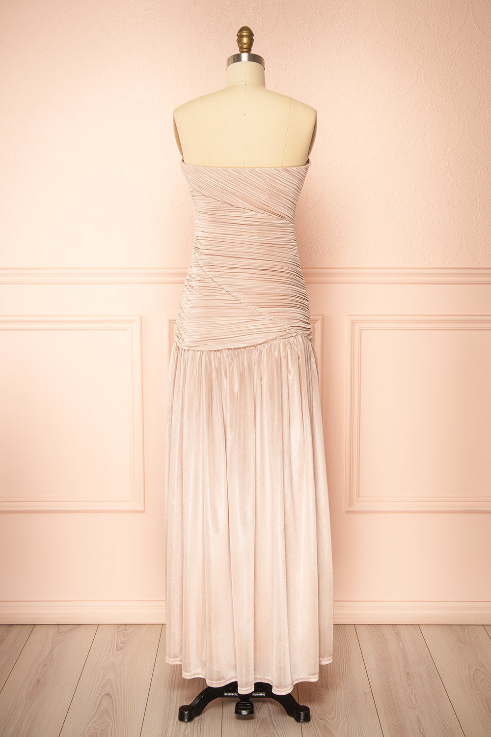 Islana Champagne Strapless Pleated Maxi Dress | Boutique 1861 back view