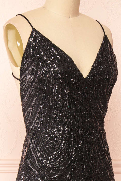 Isolina Sparkly Black Maxi Dress w/ Sequins | Boutique 1861 side close-up