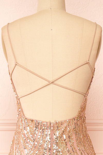 Isolina Rosegold Sparkly Sequin Maxi Dress | Boutique 1861  back close-up