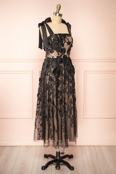 Isolt Beige Midi Dress w/ Black Floral Lace | Boutique 1861  side view