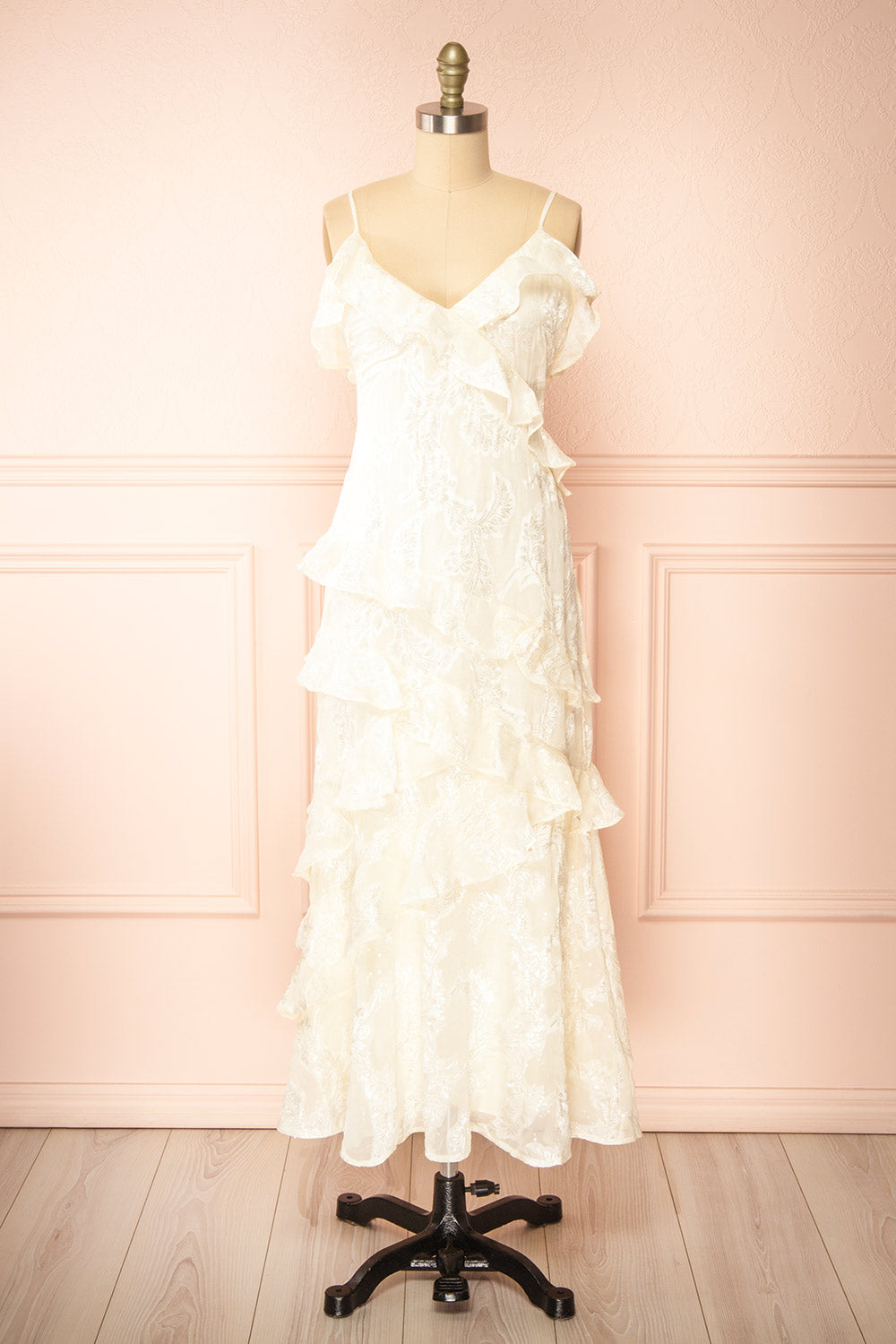 Ixilda Long Ivory Floral Dress w/ Ruffles | Boutique 1861 front view