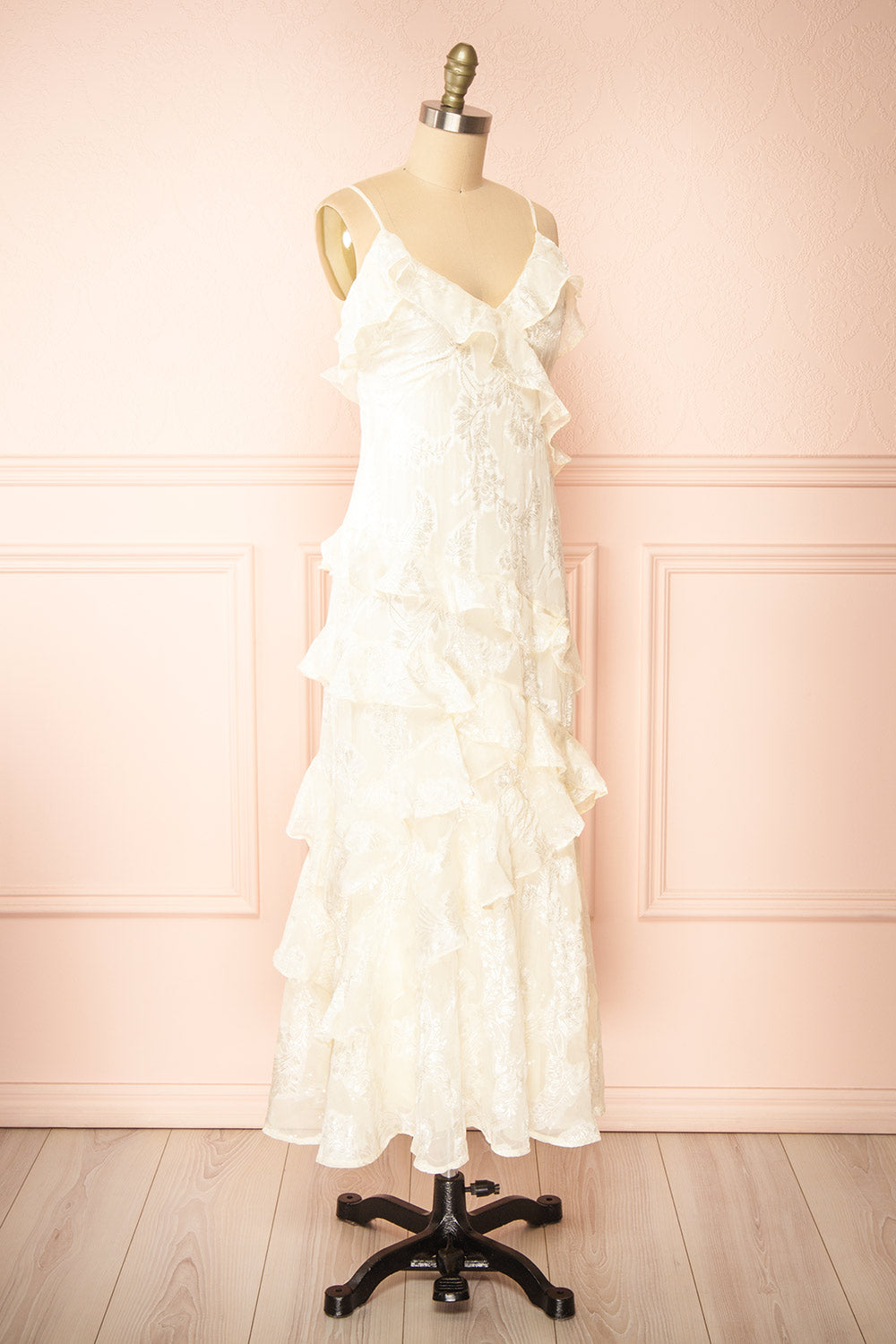 Ixilda Long Ivory Floral Dress w/ Ruffles | Boutique 1861 side view