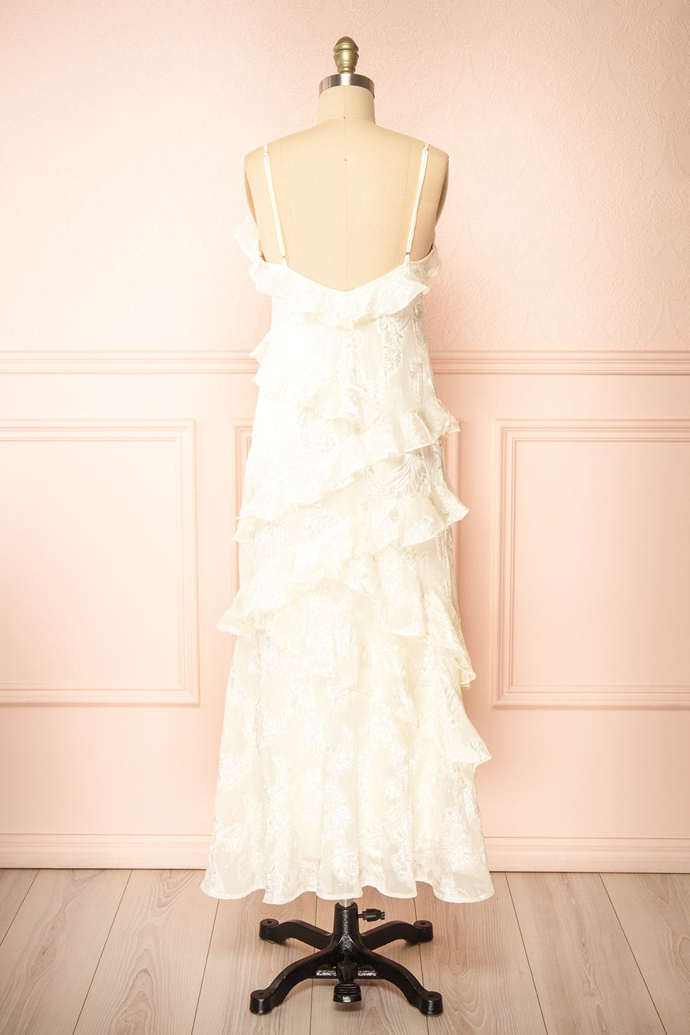 Ixilda Long Ivory Floral Dress w/ Ruffles | Boutique 1861 back view