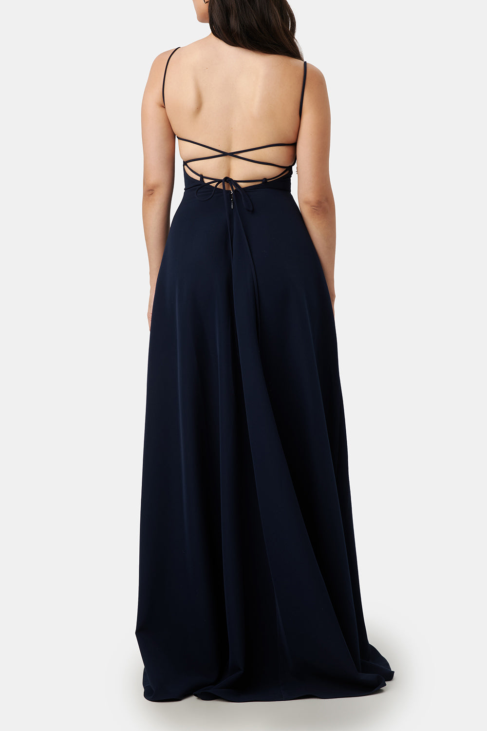 Izabella Navy A-line Maxi Dress w/ Open Back | Boudoir 1861 back on model