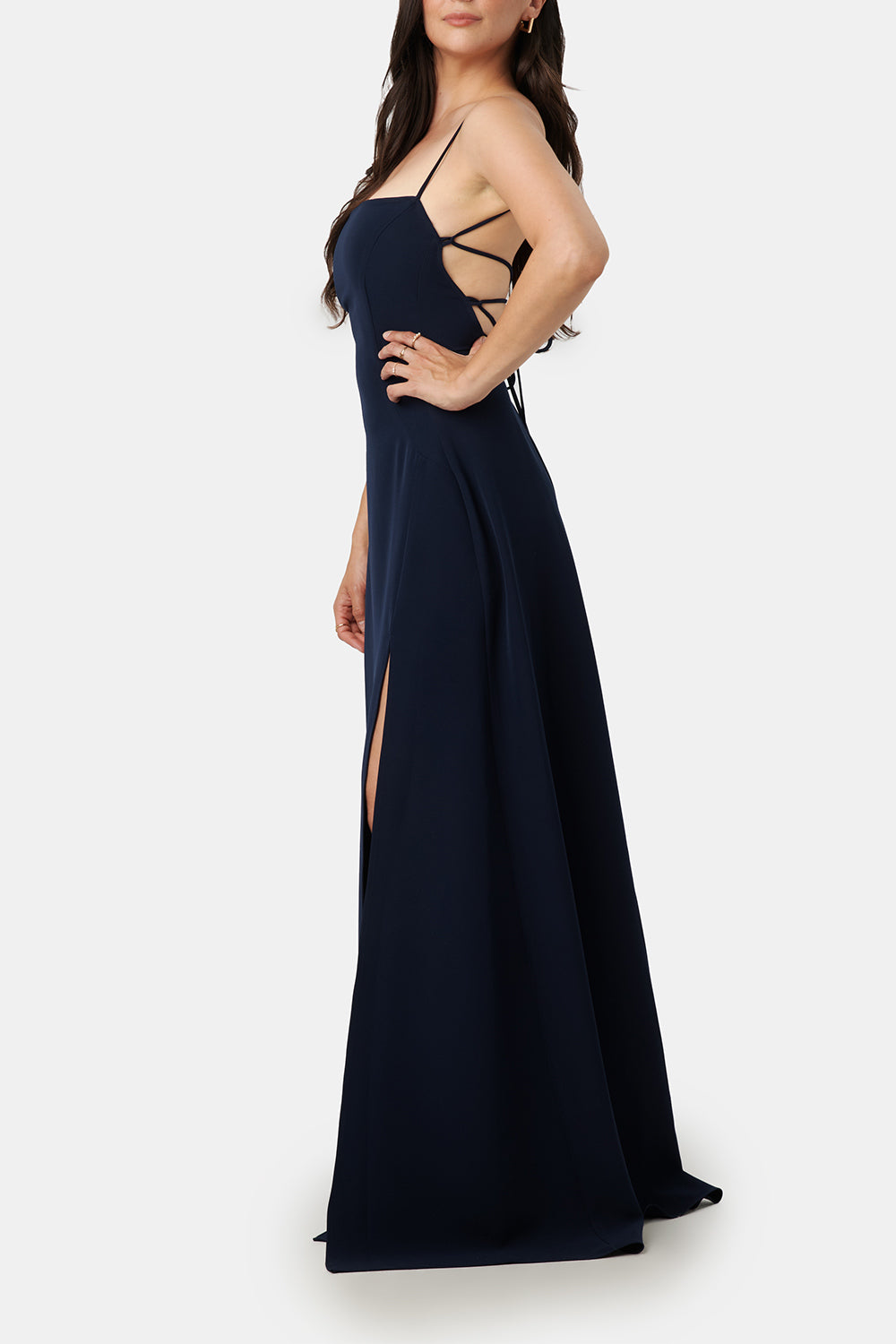 Izabella Navy A-line Maxi Dress w/ Open Back | Boudoir 1861 side on model