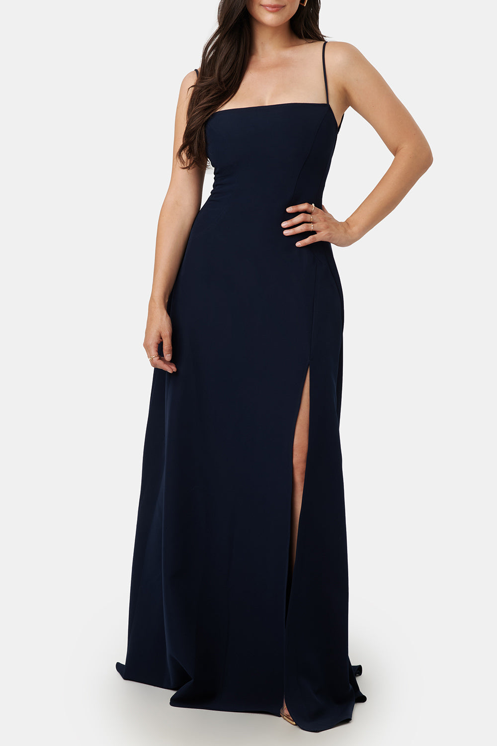 Izabella Navy A-line Maxi Dress w/ Open Back | Boudoir 1861 front on modle