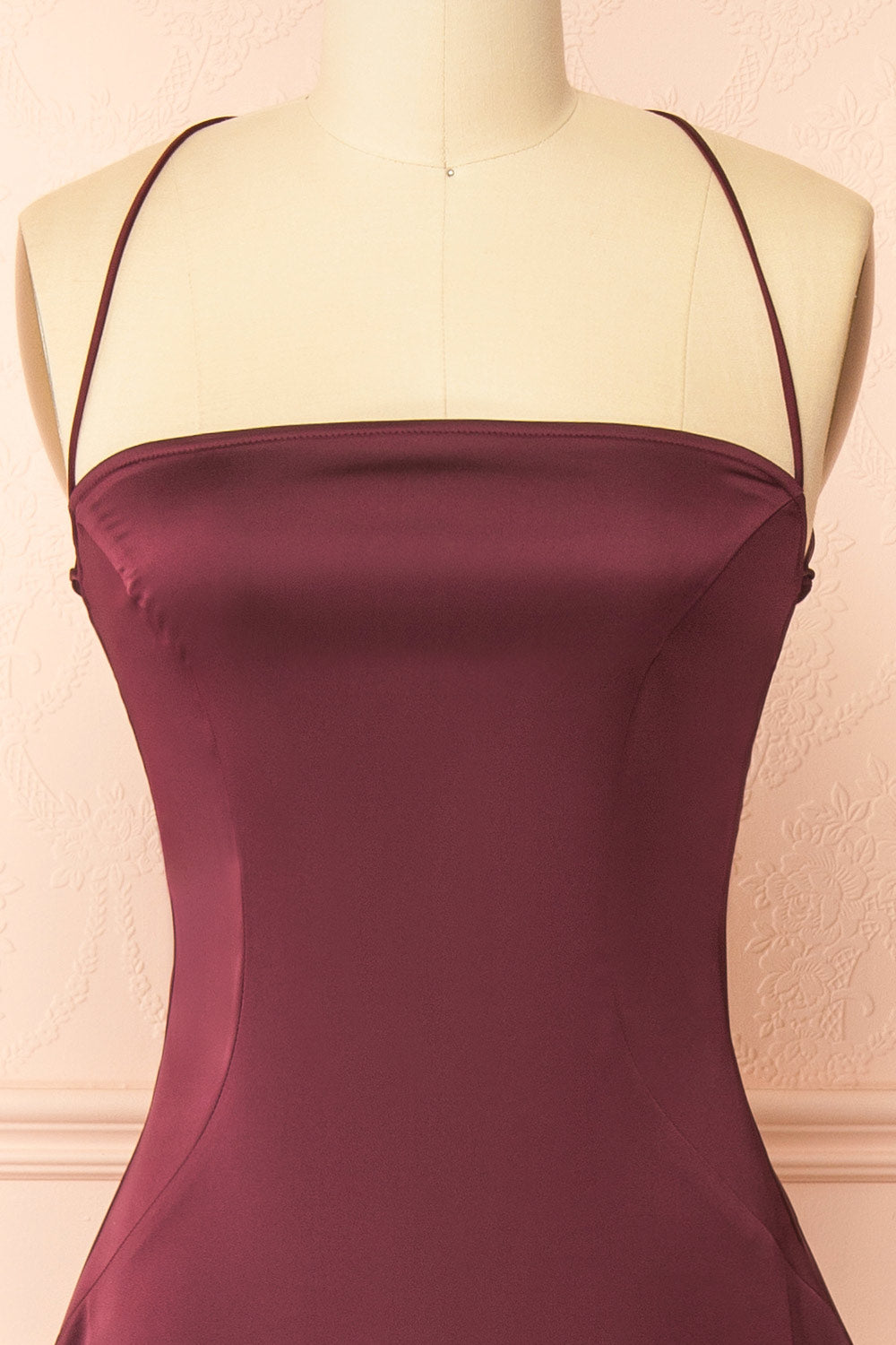 Izadora Burgundy A-line Maxi Dress with Open Back | Boudoir 1861 front